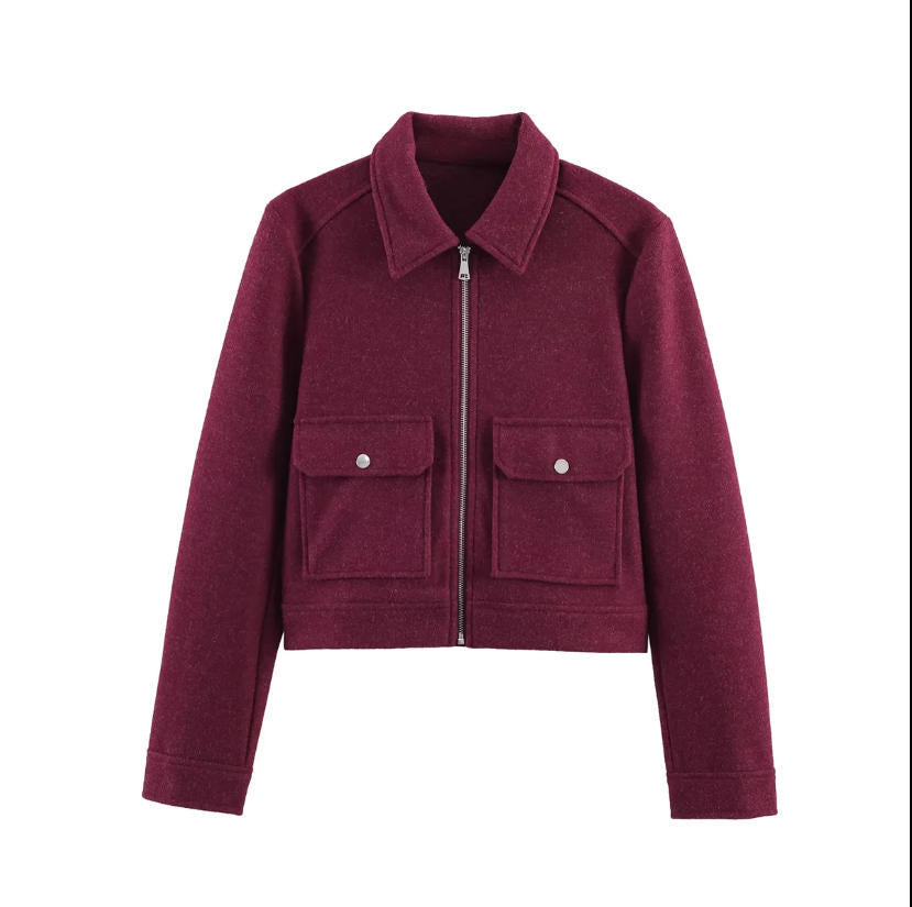 Damen kurze Boxy-Wolljacke mit durchgehendem Reißverschluss und aufgesetzten Pattentaschen Shop Nory