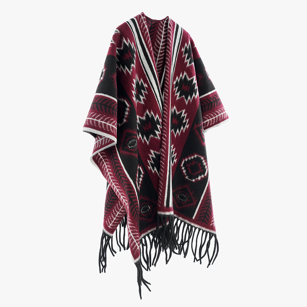 Damen Azteken‑inspiriertes Fransen‑Poncho‑Cape im Oversize‑Rechteckschnitt Shop Nory