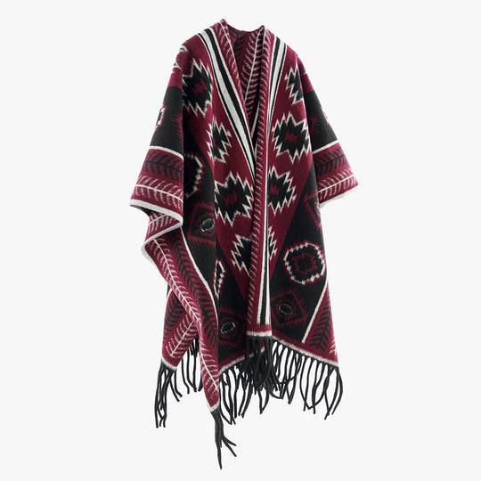 Damen Ethno-Jacquard-Poncho mit Fransen und offenem Oversize-Fall Shop Nory