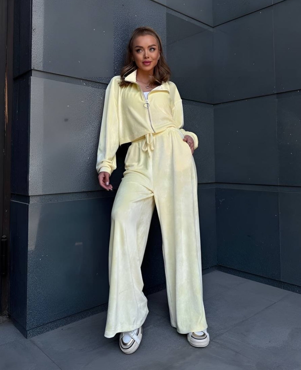 Damen gekürztes Velours-Cropped-Hoodie mit Stehkragen und elastischer High-Waist-Palazzo-Jogginghose Shop Nory