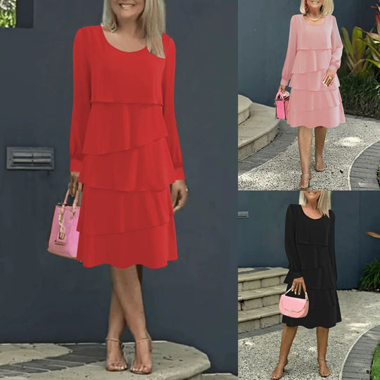 Damen Elegantes gestuftes Midikleid mit Volantlagen, Rundhalsausschnitt und Manschetten Shop Nory