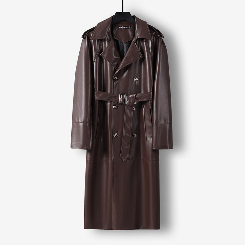 Herren Langer Kunstleder-Trenchcoat mit Doppelreiher, Taillengürtel und Schulterklappen Shop Nory