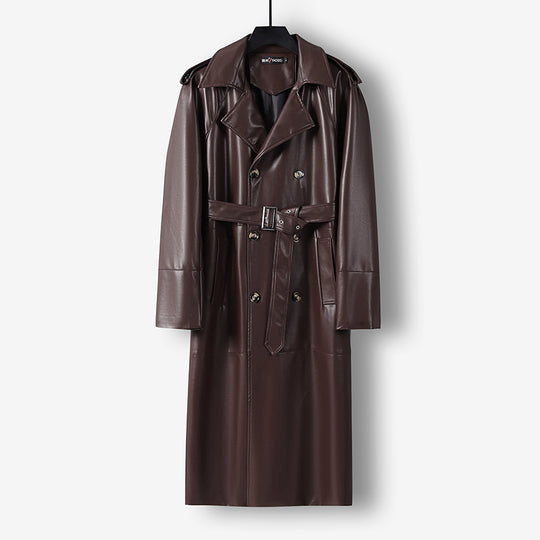Herren Langer Kunstleder-Trenchcoat mit Doppelreiher, Taillengürtel und Schulterklappen Shop Nory