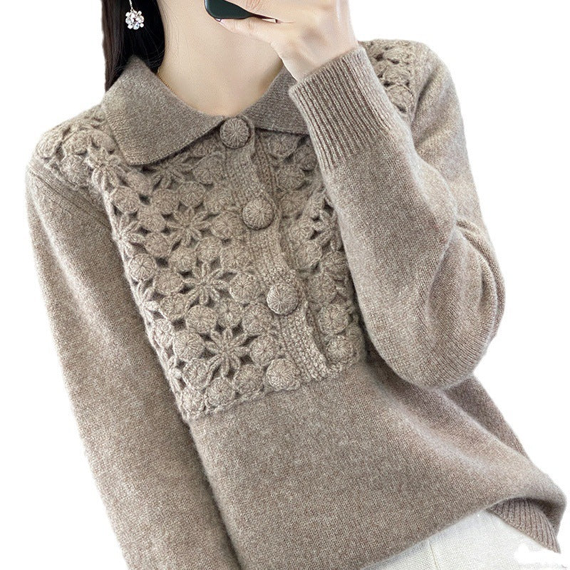 Damen Strickpullover mit gehäkelter Ajour‑Blende und Polokragen Shop Nory
