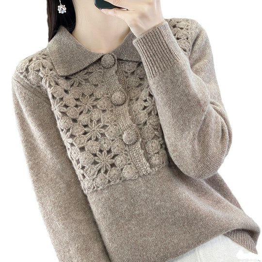 Damen Strickpullover mit gehäkelter Ajour‑Blende und Polokragen Shop Nory