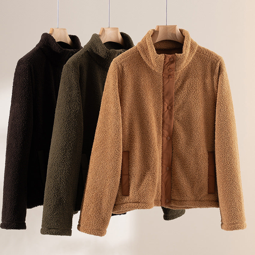 Damen kuschelige Teddy-Fleecejacke mit Stehkragen, Druckknopf-Leiste und kontrastierten Tascheneinfassungen Shop Nory