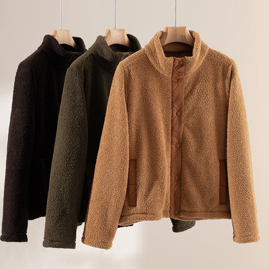 Damen kuschelige Teddy-Fleecejacke mit Stehkragen, Druckknopf-Leiste und kontrastierten Tascheneinfassungen Shop Nory