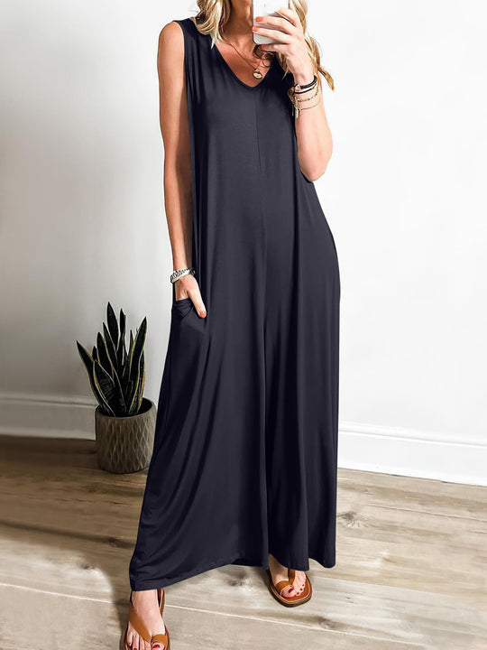 Damen weit geschnittene Jumpsuit mit V-Ausschnitt