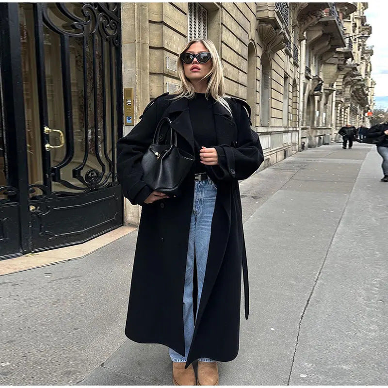 Damen langer Oversize Wollmantel mit weitem Revers und Gürtel Shop Nory