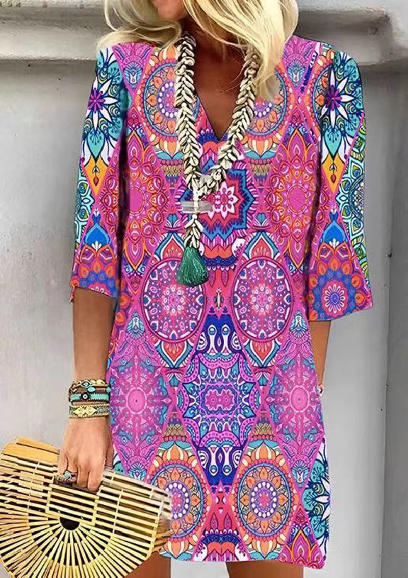 Damen nan kurzes Boho Strandkleid im Mandala-Print mit V-Ausschnitt, dreiviertel-Ärmeln und legerer A-Linie