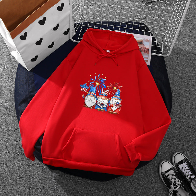 Damen nan Kapuzenpullover mit patriotischem Gartenzwerg-Print, angerautem Fleece-Innenfutter, Oversize-Schnitt und Kängurutasche Shop Nory