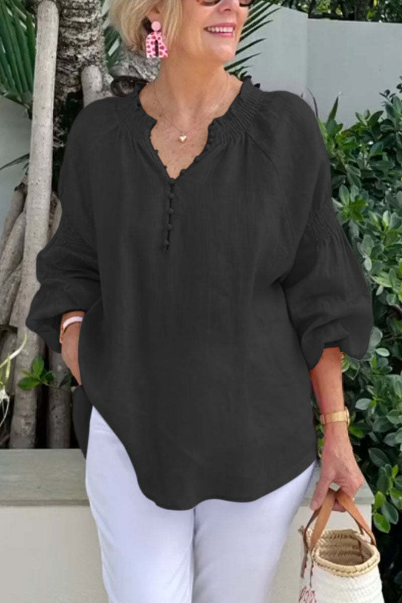 Damen Leichte Bluse mit elastischen Puffärmeln und Knopfleiste
