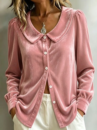 Damen Samt‑Hemdbluse mit Peter‑Pan‑Kragen und Perlmuttknopfleiste Shop Nory