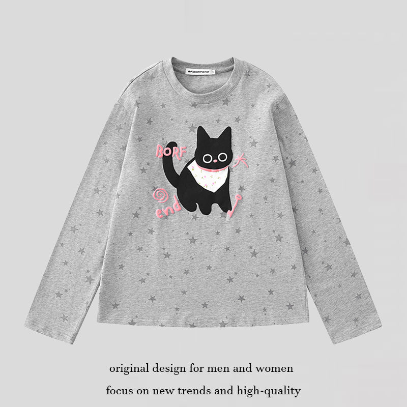 Damen Relaxed-Fit Longsleeve mit Cartoon-Katzenmotiv und tonalem Sternmuster Shop Nory