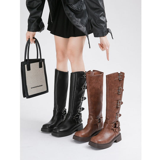 Damen Modische Stiefel mit verstellbaren Schnallen und robuster Sohle