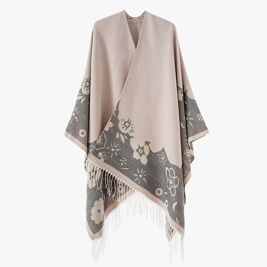 Damen Überwurfponcho im Kimono‑Stil aus Jacquardstrick mit floralem Bordürenmotiv und Fransensaum Shop Nory