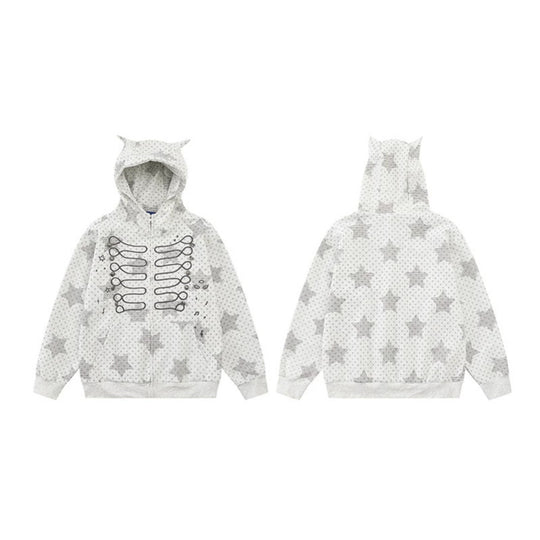 Damen Kapuzen‑Sweatjacke mit 3D‑Ohrenapplikationen, durchgehendem Reißverschluss und verspieltem Militär‑Illustrationsprint Shop Nory