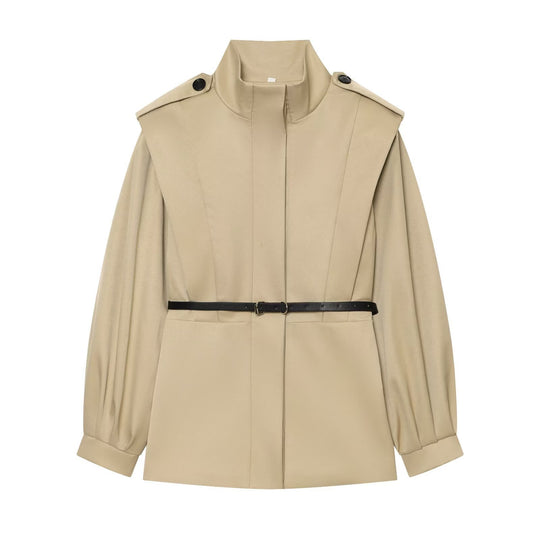 Damen Kurzer Cape‑Trench mit hohem Funnelkragen und Taillengürtel Shop Nory