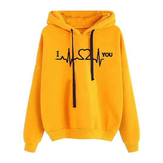 Damen nan leichter Oversize Kapuzenpullover mit Herz‑EKG‑Motiv, langen Kordeln und elastischem Bund Shop Nory