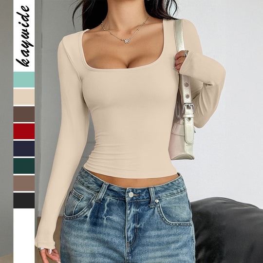 Damen nan figurbetontes Langarmshirt mit weitem Rundhalsausschnitt, taillierter Raffungsnaht und Stretchjersey Shop Nory