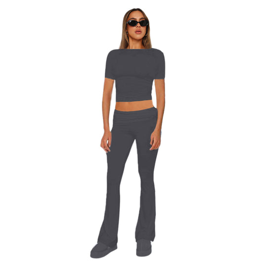 Figurbetonendes Damen-Crop-Set aus Stretch-Jersey mit hoch taillierten, ausgestellt Hosen Shop Nory