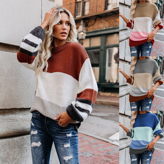Damen Grobstrick Farbblockpullover mit hohem Rippenkragen und Oversize‑Passform Shop Nory