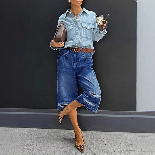 Damen Hochtaillierte Denim-Culotte mit Destroyed-Einsätzen und rohem Saum Shop Nory