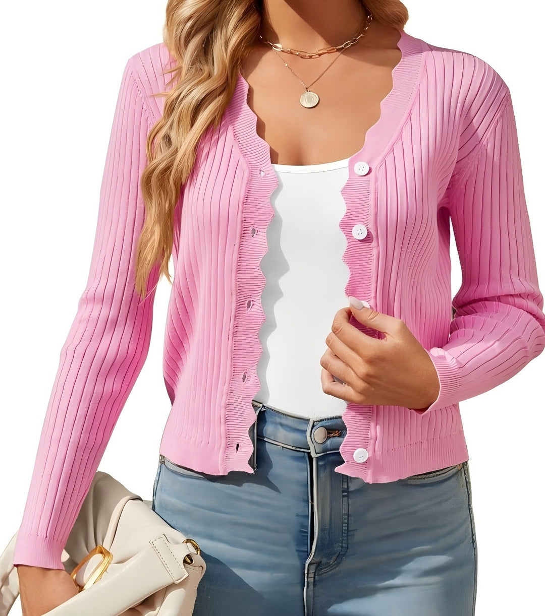 Damen Feiner Rippstrick Cropped-Cardigan mit Wellensaum und dekorativer Knopfleiste Shop Nory