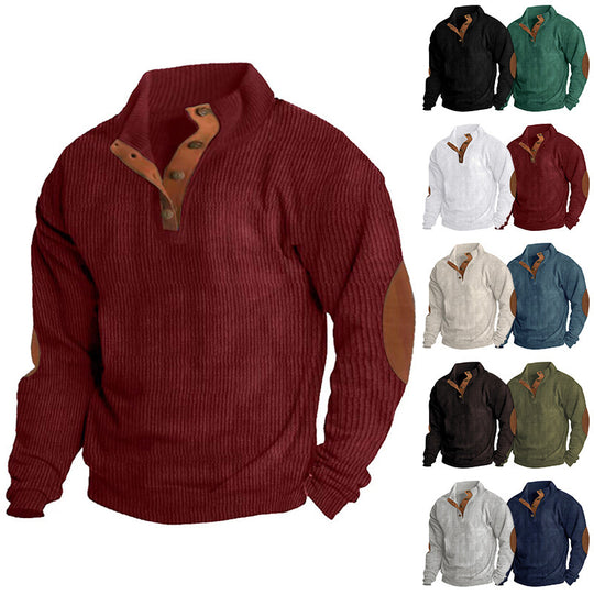 Herren Waffelstrick-Henley-Pullover mit Stehkragen und Ellbogen-Patches Shop Nory