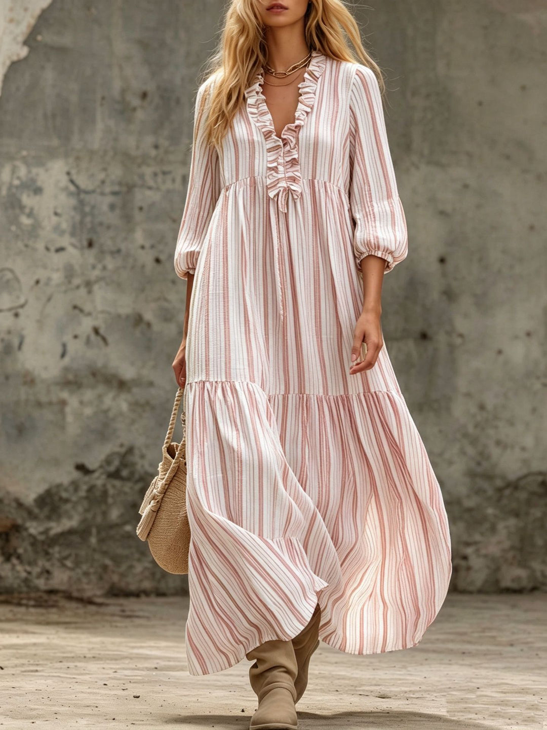 Damen Maxikleid mit Rüschen-V-Ausschnitt und Ballonärmeln Shop Nory