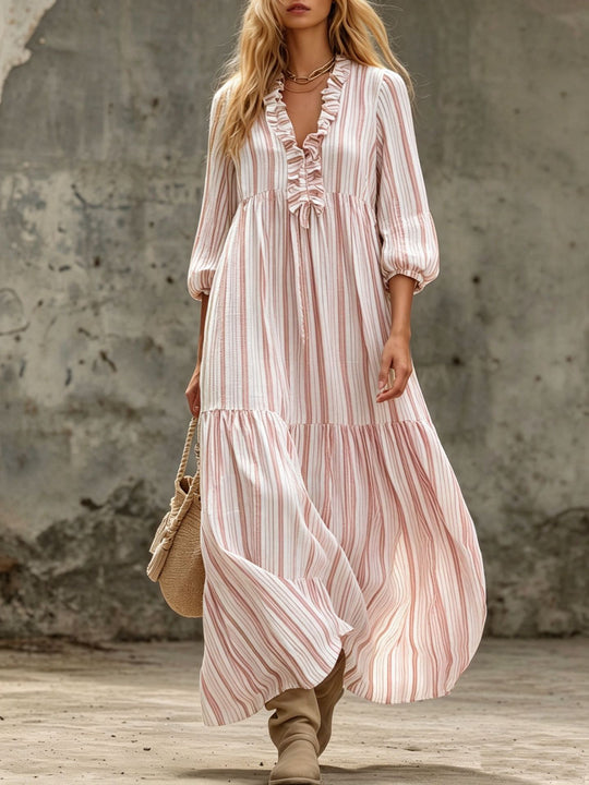 Damen Maxikleid mit Rüschen-V-Ausschnitt und Ballonärmeln Shop Nory