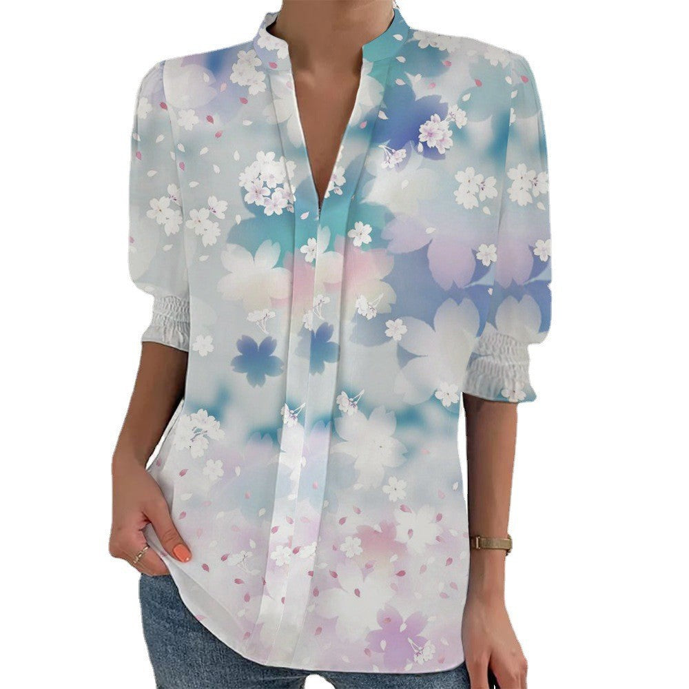 Damen Blumenprint Tunika-Bluse mit Stehkragen, geschlitzter V‑Blende und gerafften 3/4-Ärmeln Shop Nory