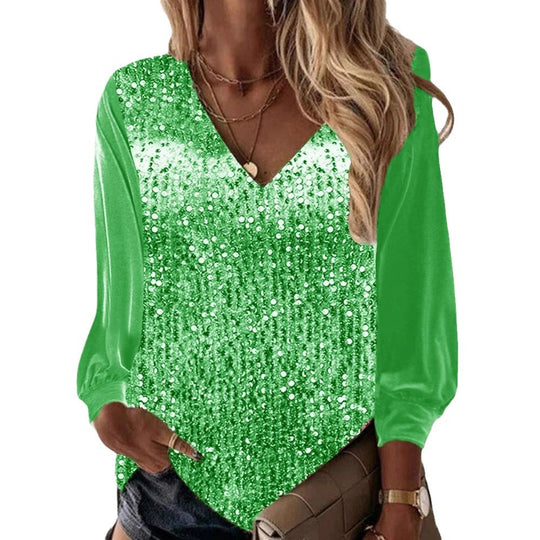 Damen Glitzernde Pailletten V-Ausschnitt Bluse mit Satinärmeln Shop Nory
