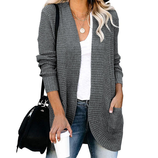 Damen Langer Offener Strickcardigan mit Taschen, Rippbündchen und strukturierter Waffeloptik Shop Nory