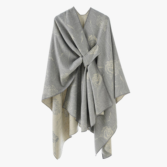 Damen Beidseitig tragbarer Jacquard-Überwurf mit Rosenmuster und Bindegürtel Shop Nory