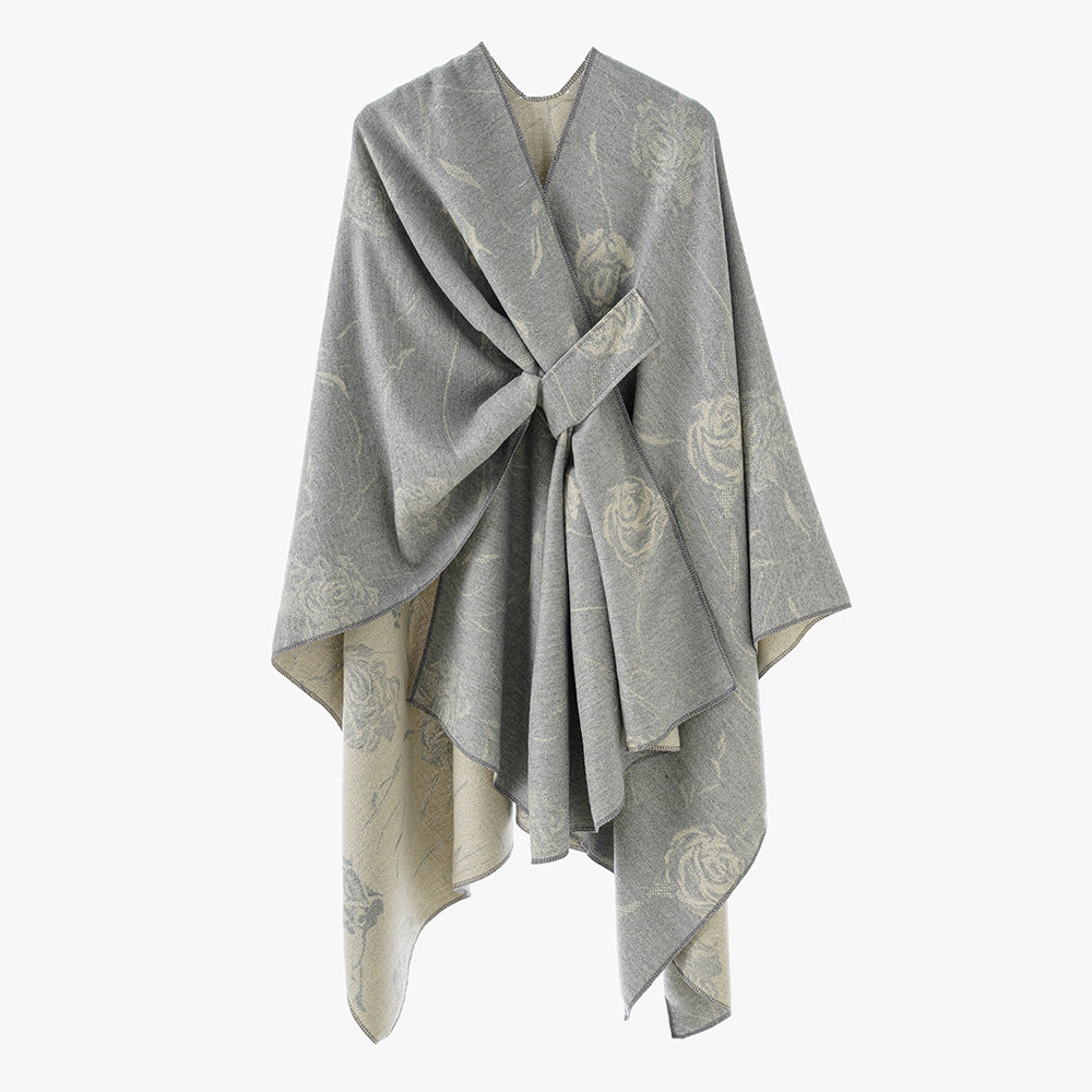 Damen Wendbarer Capeponcho mit Rosen-Jacquard und Bindegürtel Shop Nory