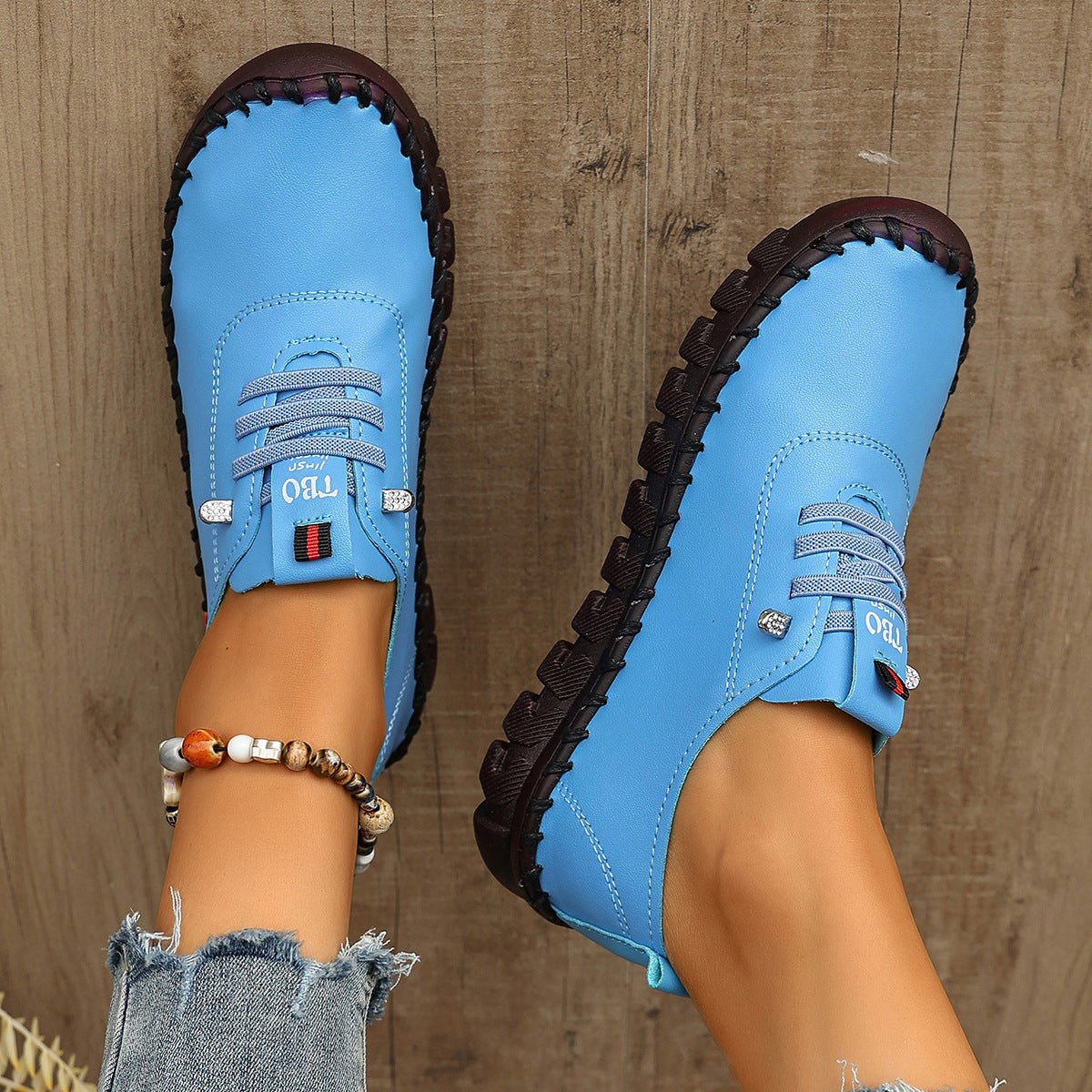 Damen Freizeit-Leder-Sneaker mit elastischen Schnürsenkeln und rutschfester Sohle