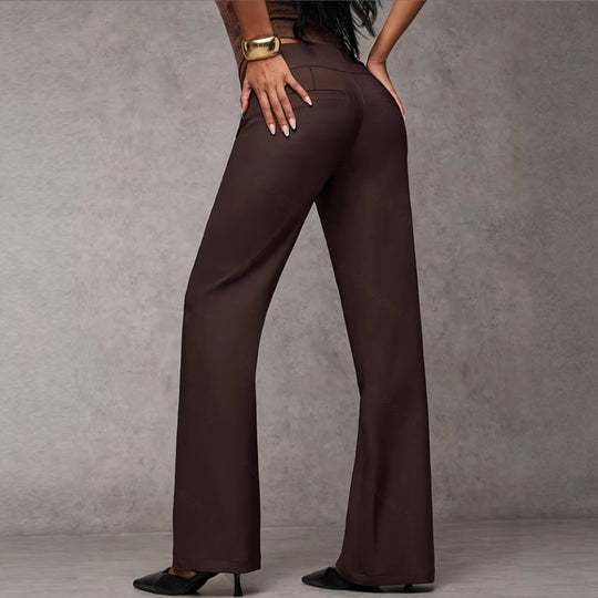 Damen Hochtaillierte gerade geschnittene Stoffhose mit weitem Bein und Zierknopfleiste Shop Nory