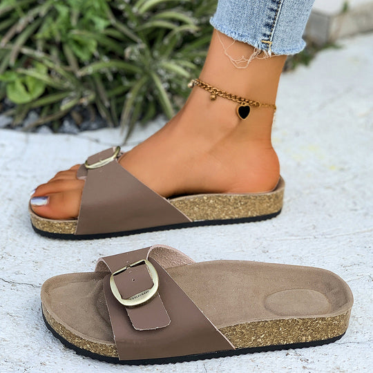 Damen Komfortable Fußbett-Sandalen mit breitem Riemen und glänzender Schnalle