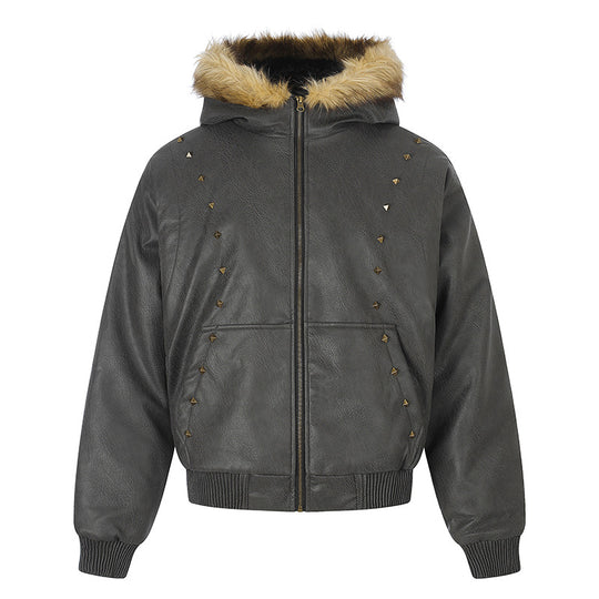 Damen Kunstleder-Bomberjacke mit Kapuze, Kunstfellbesatz und dekorativen Nieten Shop Nory