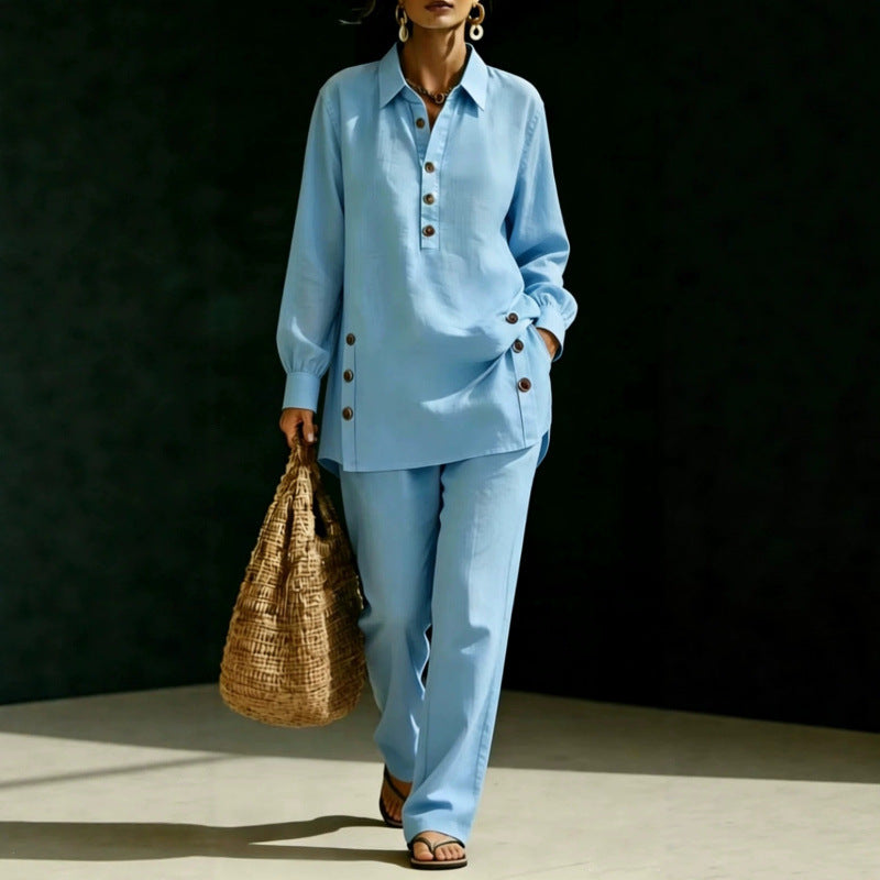 Damen Leichtes Oversize-Hemd-Tunika mit Zierknöpfen und Gerader Bundhose Shop Nory