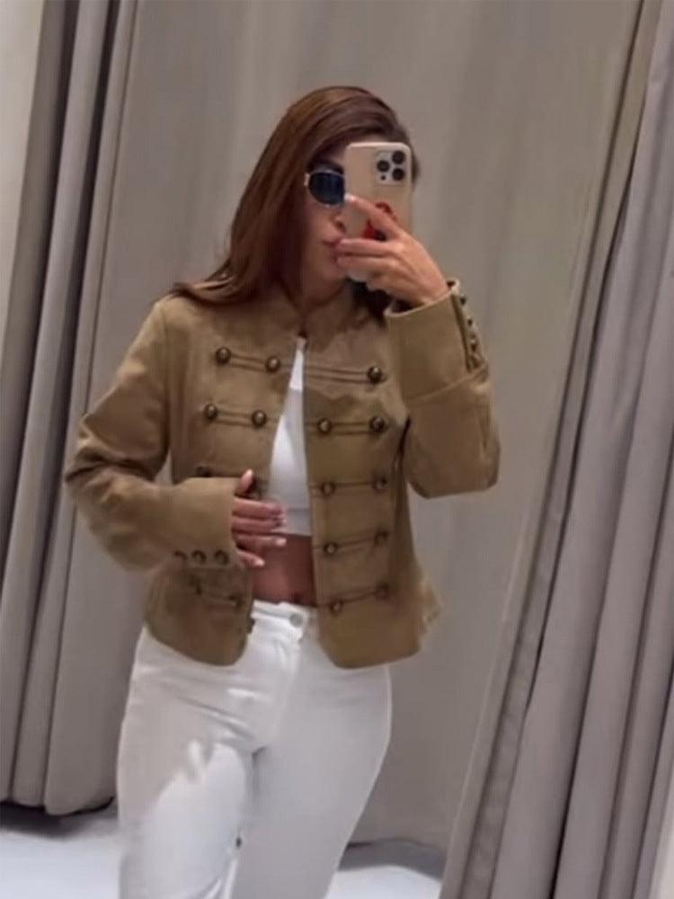 Damen Taillierte Militärjacke aus Wollmischung mit Stehkragen und doppelter Knopfreihe Shop Nory