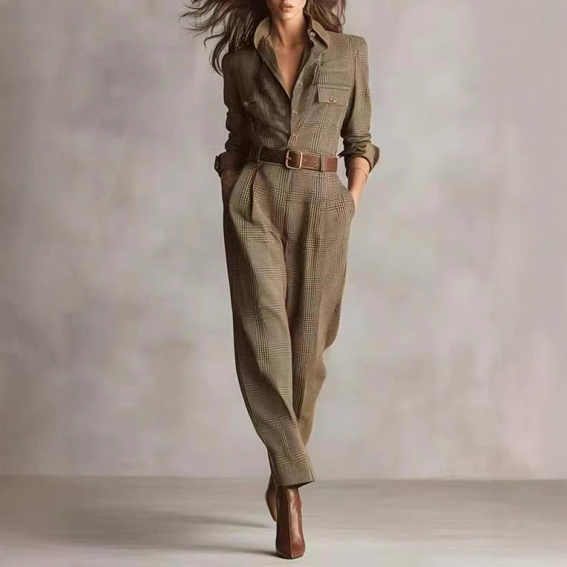 Damen kariertes tailliertes Overall mit Hemdkragen, Taillengürtel und Seitentaschen Shop Nory