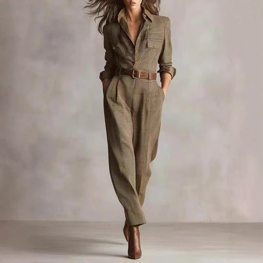 Damen kariertes tailliertes Overall mit Hemdkragen, Taillengürtel und Seitentaschen Shop Nory