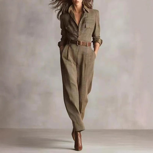 Damen kariertes tailliertes Overall mit Hemdkragen, Taillengürtel und Seitentaschen Shop Nory