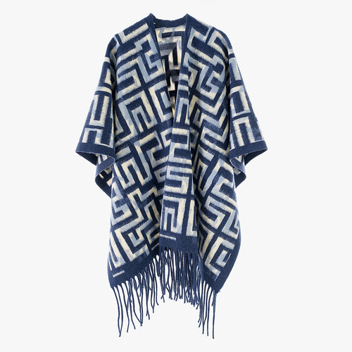 Damen Geometrischer Jacquard-Capeponcho mit Fransen und offenem Fall Shop Nory