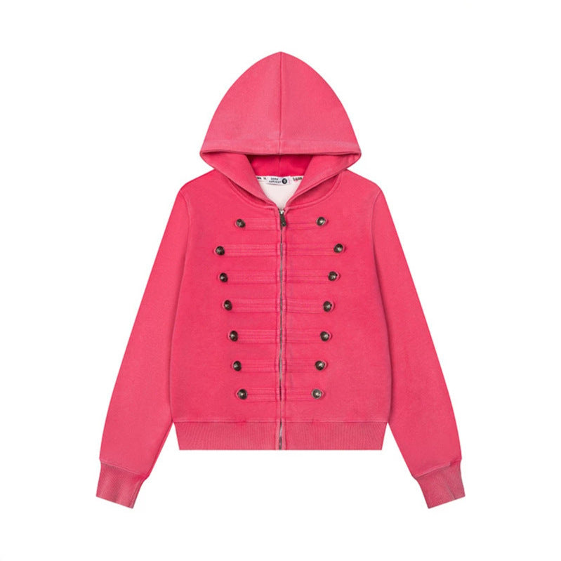 Damen Kapuzen-Sweatjacke mit militärischer Knopfverzierung und durchgehendem Reißverschluss Shop Nory