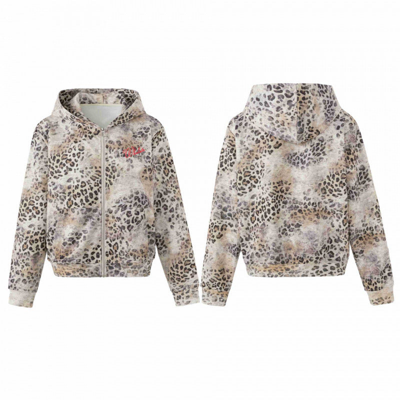 Damen Leichter Kapuzen‑Zipcardigan im Leopardenmuster mit durchgehendem Reißverschluss Shop Nory