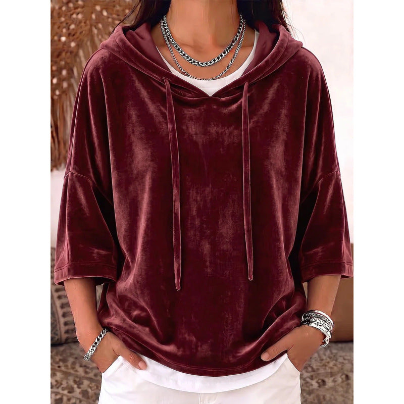 Damen Oversize Samt-Halbarm-Hoodie mit Kordelzug und Taschen Shop Nory