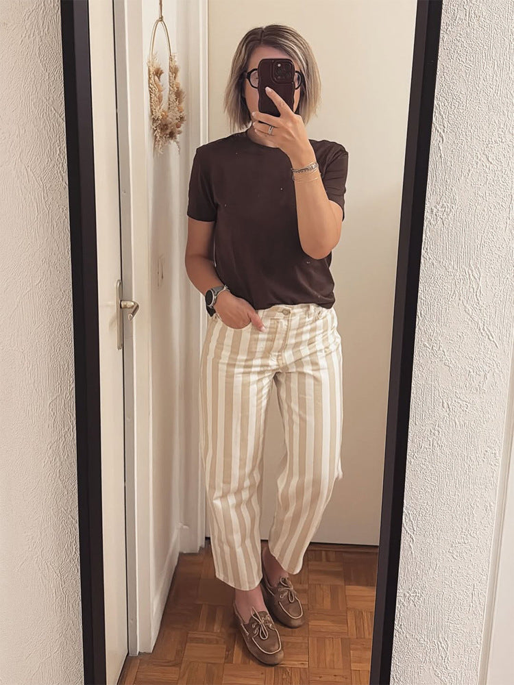 Damen Hochtaillierte gestreifte Leinenhose mit weitem Bein und Cropped-Länge Shop Nory